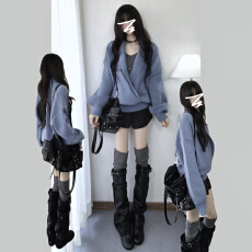 批发蓝色v领交叉毛衣女<b class='q'>秋</b>冬季2026新款爆款韩系宽松慵懒风针织衫上衣
