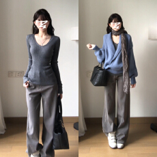 批发蓝色v领交叉毛衣女<b class='q'>秋</b>冬季2026新款爆款韩系宽松慵懒风针织衫上衣