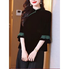 批发春秋款真丝丝绒旗袍上衣女桑蚕丝新中式民国风七分袖衬衫H