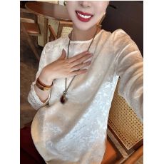 批发防晒真丝衬衫桑蚕丝花罗提花长袖显瘦圆领气质衬衣