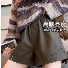 批发美拉德棕色皮短裤女2025春秋外穿抗皱机车<b class='q'>高腰</b>阔腿a字打底短裤女