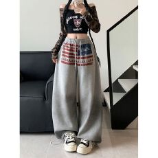 批发美式复古阔腿工装<b class='q'>裤</b>休闲街头学生印花情侣男女秋装弯刀束脚拖地<b class='q'>裤</b>