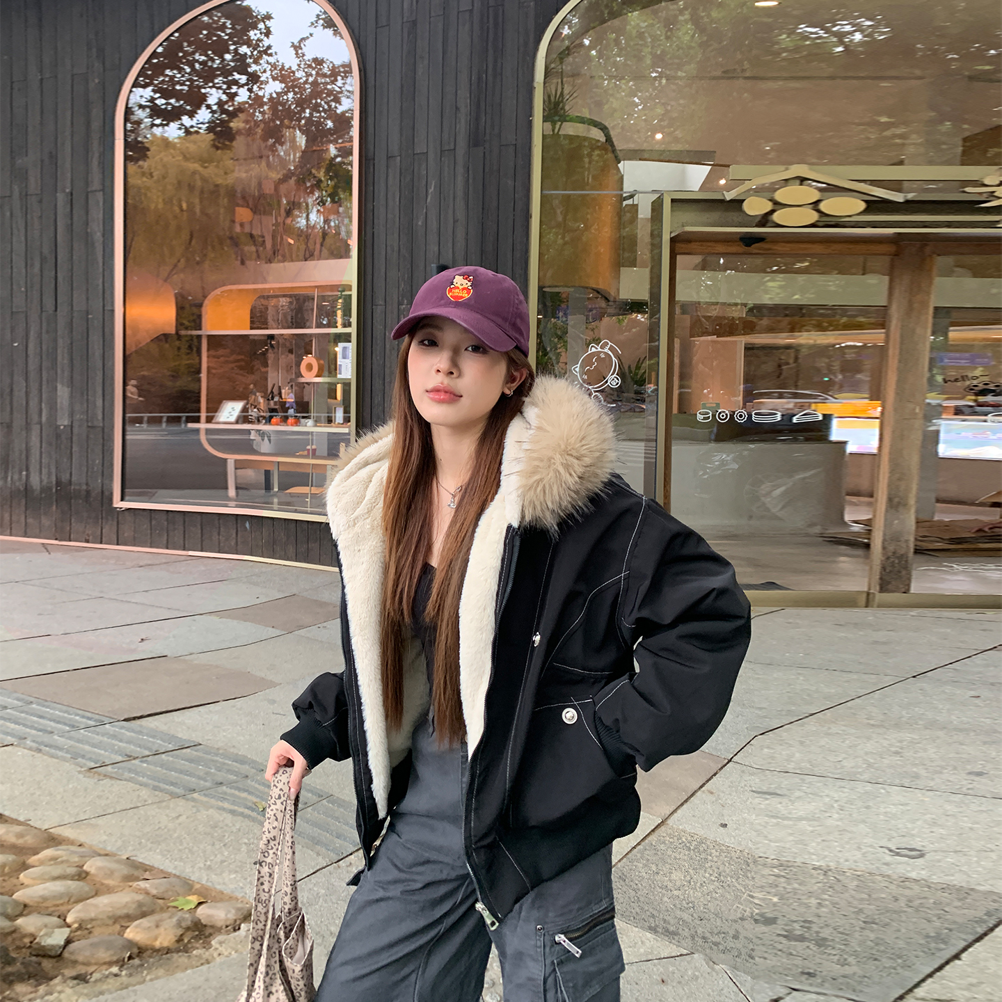 实拍派克服羽绒棉服女仿兔毛大毛领连帽棉衣2025冬外套美式复古