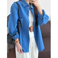 批发高级感蓝色POLO领长袖<b class='q'>衬衫</b>外套女宽松休闲开衫<b class='q'>衬衣</b>中长款上衣