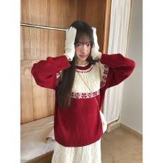 批发撞色雪花提花针织毛衣<b class='q'>女</b>秋冬新款宽松显瘦圆领