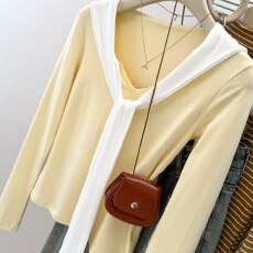 批发实拍纯棉甜辣假两件披肩长袖T恤<b class='q'>女</b>秋季修身显瘦内搭打底衫v领上衣