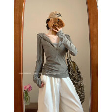 批发原版品质-加内抽韩系假两件半拉链连帽长袖T恤秋季修身上衣