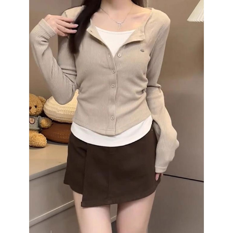 MY16267# 原版面料复古假两件长袖T恤女新款收腰内搭显瘦上衣女裝貨源...