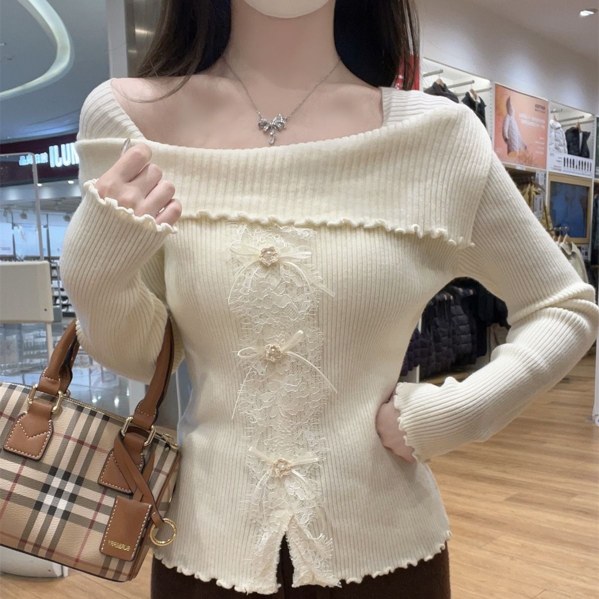 MY17347# 安迪绒纯欲木耳边针织衫新款蕾丝拼接蝴蝶结打底衫毛衣女裝貨...