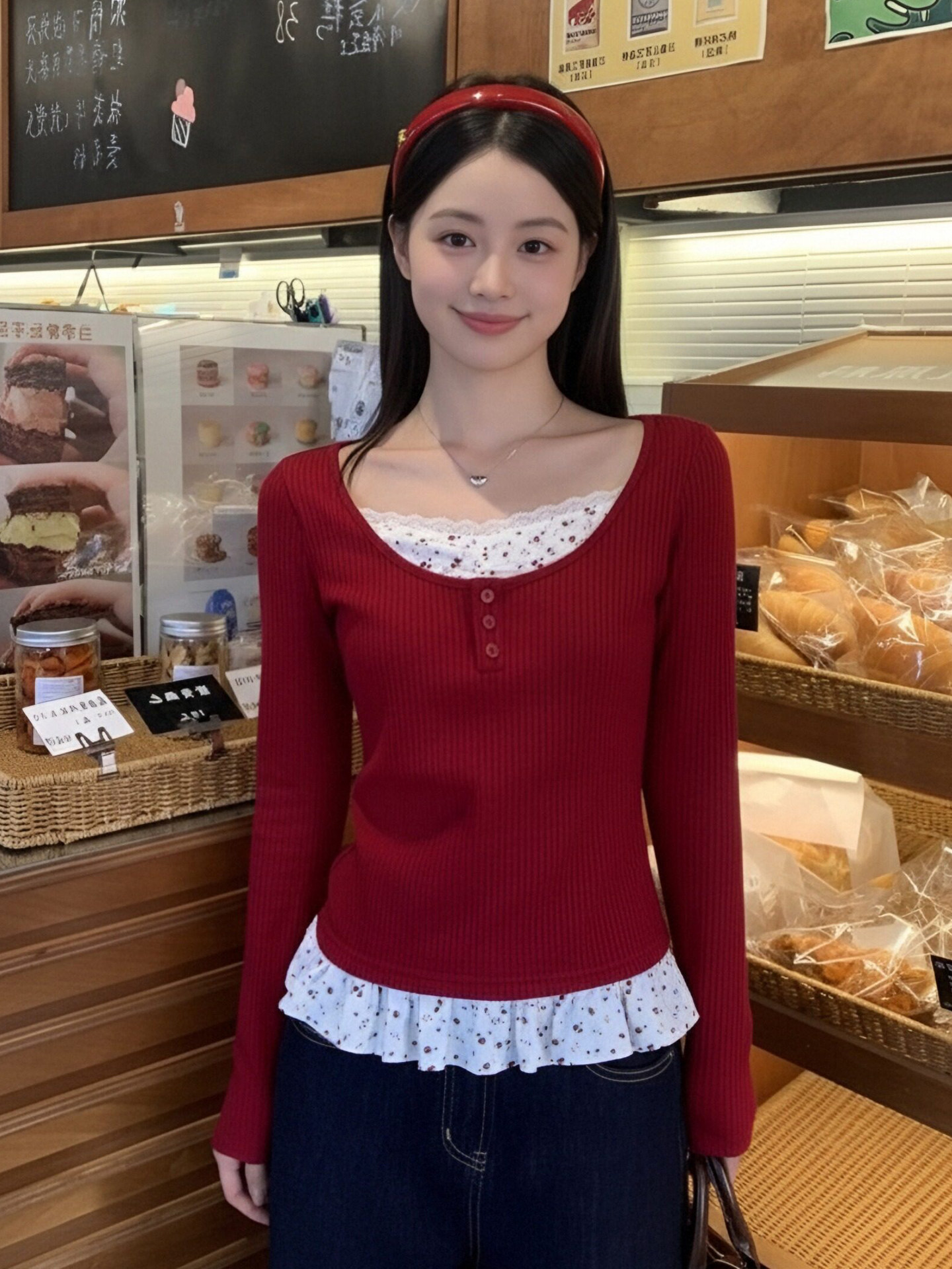 MY17345# 羊绒韩系复古碎花长袖t恤穿搭假两件内搭修身显瘦上衣女裝貨...