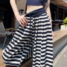 批发韩国东大门2026夏季新款高腰显瘦宽松休闲拖地阔腿裤女条纹长裤子