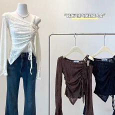 批发纯欲风气质露肩设计斜领长袖T恤辣妹抽绳不规则修身显瘦打底上衣