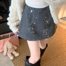 批发韩系重工亮片钉珠半身裙女<b class='q'>秋</b>冬新款甜辣风高腰显瘦设计感A字短裙