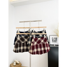 批发2026新款学院风复古格纹<b class='q'>百褶</b>半身裙女中长款蛋糕裙格纹拼接短裙