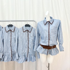 批发实拍--韩系气质休闲撞色条纹长袖衬衫女装2025<b class='q'>秋</b>季新款收腰上衣