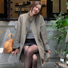 批发高级感气质慵懒风设计感双面穿格纹立领质感风衣外套女中长款上衣