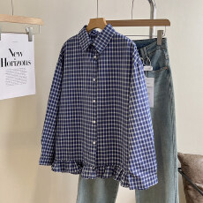 批发韩系复古花边下摆长袖蓝色衬衫女春季<b class='q'>新款</b>设计感宽松百搭衬衣上衣