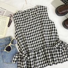 批发复古时尚圆领撞色格子无袖荷叶边宽松显瘦绑带蝴蝶结背心衬衫<b class='q'>女</b>