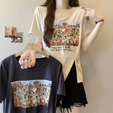 人棉2*2 2024夏装印花短袖T恤女设计感宽松小众