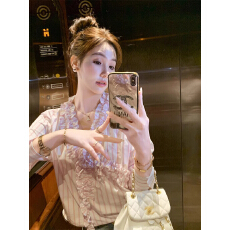 批发纹木耳边衬衣<b class='q'>女</b>2026新款爆款粉色衬衫