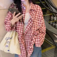 批发复古红色格纹衬衫<b class='q'>女</b>休闲韩版宽松百搭上衣外套