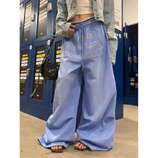 批发原版烫钻美式字母烫钻水洗直筒卫裤男女爵士舞宽松阔腿裤