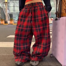 批发原版格子复合美式复古设计感格子抽绳休闲裤百搭阔腿<b class='q'>长裤</b>男女