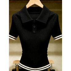 批发<b class='q'>时尚</b>气质黑色POLO领半纽扣短袖<b class='q'>打底衫</b>女夏季新款修身显瘦减龄上衣