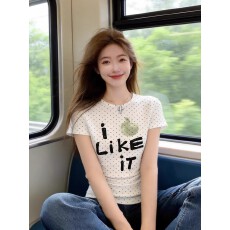 批发40支220克精梳92%棉+8%氨纶后包领修身显瘦正肩短袖t恤女波点