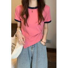 批发短袖女夏季设计感撞色t恤<b class='q'>不规则</b>短款上衣外贸韩单跨境外单爆款