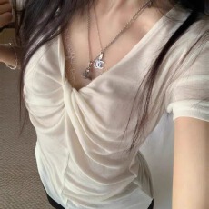 批发原版面料 韩系扭结V领短袖T恤女内搭绝美气质修身显瘦设计感上衣