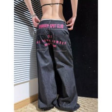 批发美式辣妹字母印花设计感牛仔裤男女宽松直筒阔腿拖地长裤