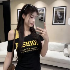 批发仿棉40s1x1螺纹大码夏季新款<b class='q'>女</b>字母印花露肩设计短袖T恤上衣