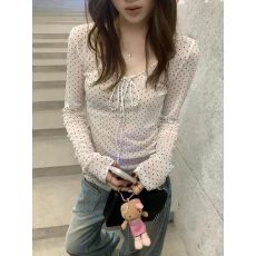 批发韩系蝴蝶结波点纯欲微透长袖t恤女<b class='q'>打底衫</b>上衣