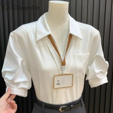 批发白色V领短袖衬衫女夏季2026新款职业装面试通勤商务上衣