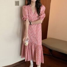 批发韩国chic夏季法式甜美V领满屏碎花宽松拼接荷叶边泡泡袖<b class='q'>连衣裙</b>女