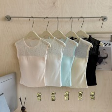 批发带胸垫 韩系糖果色烫钻网纱拼接无袖背心女夏季修身显瘦上衣