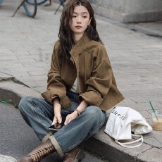 批发韩版复古工装立领<b class='q'>夹克</b>外套女秋季<b class='q'>新款</b>机车风宽松休闲短款<b class='q'>夹克</b>上衣