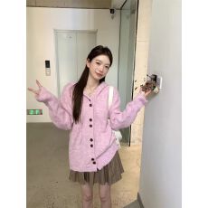 批发粉色连帽毛衣开衫外套女<b class='q'>秋</b>冬季韩系穿搭宽松慵懒风软糯针织衫上衣