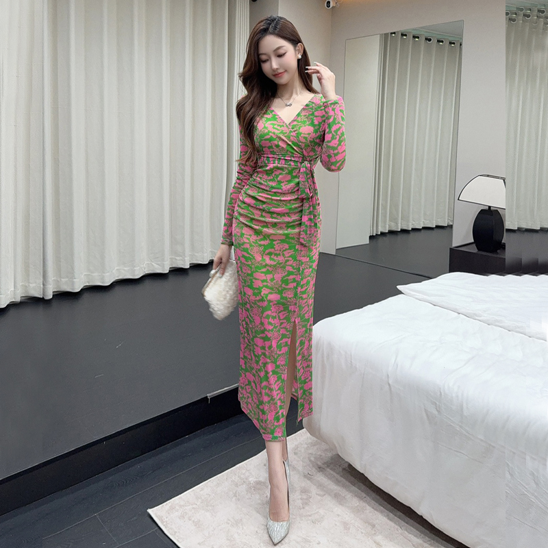 MY14415# 新款修身显瘦系带网纱中长款包臀打底长袖连衣裙女裝貨源服裝...