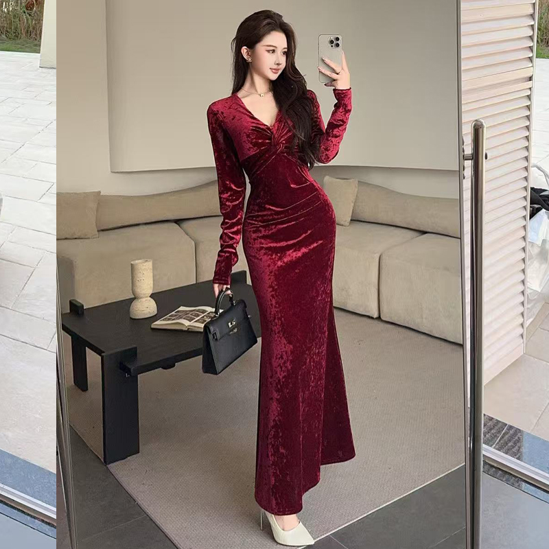 MY14414# 新款金丝绒长款裙子修身显瘦长袖打底连衣裙女裝貨源服裝批發