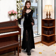 批发新款蕾丝拼接金丝绒长款裙子修身显瘦长袖秋冬打底<b class='q'>连衣裙</b>
