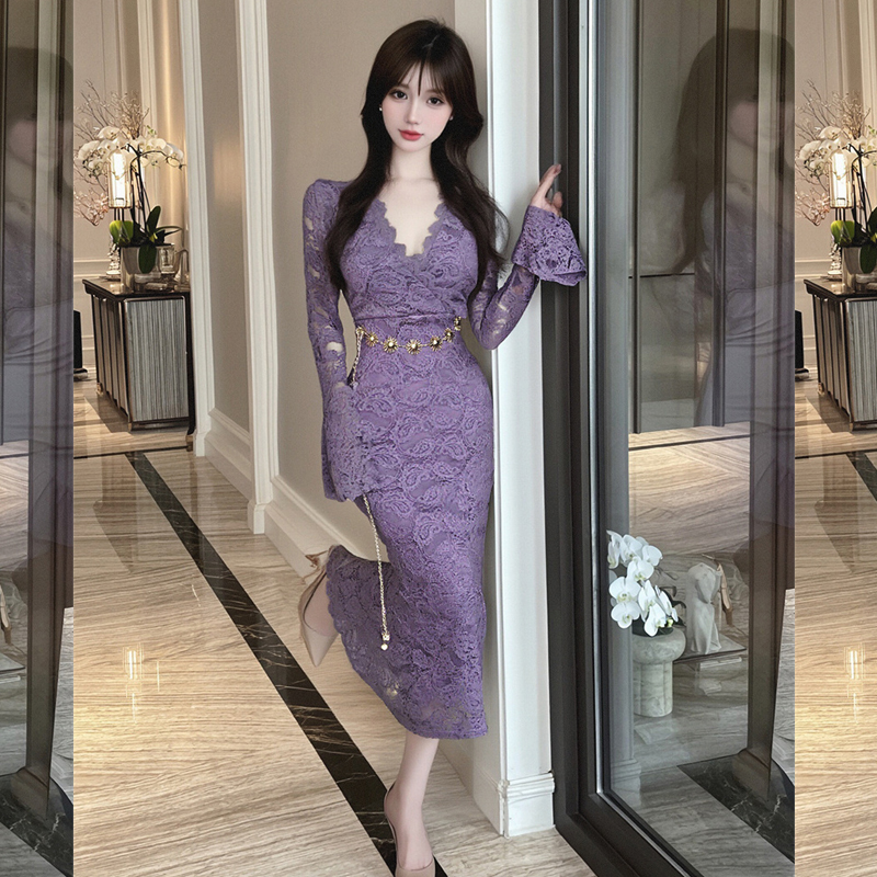 MY15252# 新款修身显瘦中长款包臀蕾丝V领连衣裙送腰链女裝貨源服裝批發