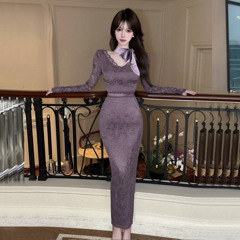 MY15249# 新款修身显瘦中长款包臀长袖蕾丝V领连衣裙女裝貨源服裝批發