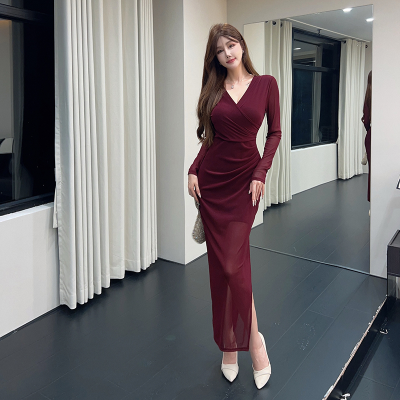 MY15245# 新款网纱长款裙子修身显瘦打底包臀长袖中长款开叉连衣裙女裝貨源服裝批發