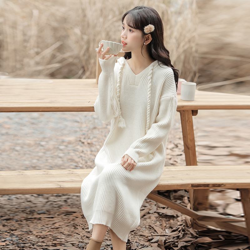 MY15244# 新款法式高级感慵懒风毛衣长裙连帽针织连衣裙女裝貨源服裝批發