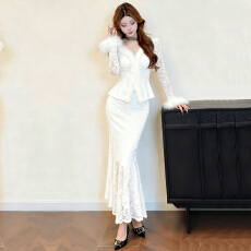 批发蕾丝上衣修身显瘦长袖内搭高腰包臀鱼尾裙半身裙套装两件套