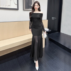 批发实拍2025新款网纱长款裙子修身显瘦打底包臀长袖连衣裙