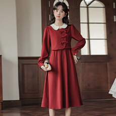 批发实拍2026春装春装新款<b class='q'>假两件</b>酒红色礼服结婚便装订婚<b class='q'>连衣裙</b>敬酒服