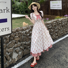 批发2026夏季新款学院风甜美<b class='q'>可爱</b>蝴蝶结格纹拼接长款碎花<b class='q'>连衣裙</b>